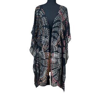 Patrons of Peace Black Pink Sheer White Lotus Kimono Beach Cover-Up One Size